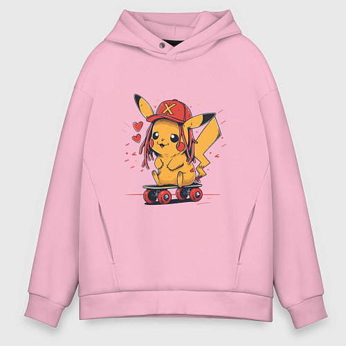 Мужское худи оверсайз Пикачу в кепке на скейте / Светло-розовый – фото 1