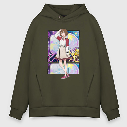 Мужское худи оверсайз Махиру Кодзуки - медуза не умеет плавать в ночи / Хаки – фото 1