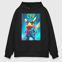 Толстовка оверсайз мужская Cyber Pikachu - ai art fantasy, цвет: черный