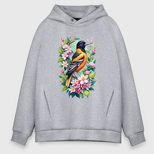 Мужское худи оверсайз Балтиморская иволга среди цветов / Меланж – фото 1