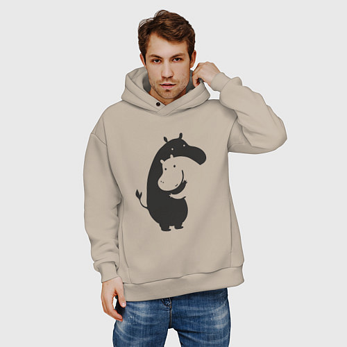 Мужское худи оверсайз Инь Янь любовь - силуэты бегемотов / Миндальный – фото 3