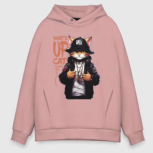 Мужское худи оверсайз Кот рэпер - rapper cat / Пыльно-розовый – фото 1