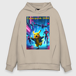 Мужское худи оверсайз Cyberpunk 3088 - Pikachu pursuit - neon glow