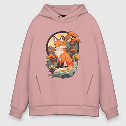 Толстовка оверсайз мужская Лиса в японском стиле на фоне гор, цвет: пыльно-розовый