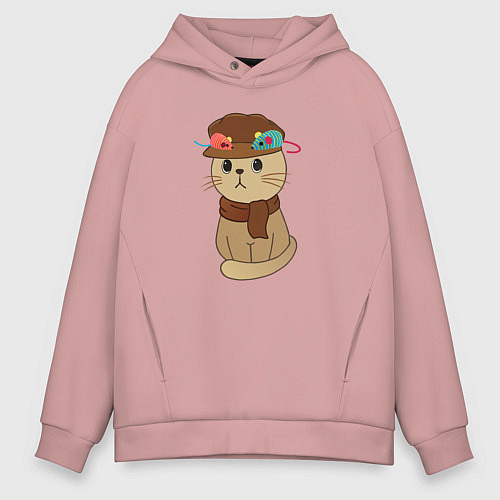 Мужское худи оверсайз Милый котик в кепке и с шарфиком - художник / Пыльно-розовый – фото 1