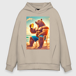 Мужское худи оверсайз Bear bodybuilder with a cup of beer on a beach - a