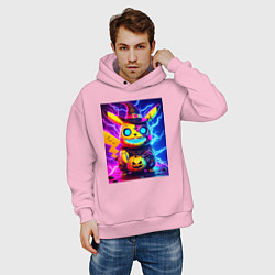 Толстовка оверсайз мужская Пикачу киберпанк зомби - неоновое свечение, цвет: светло-розовый — фото 2