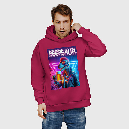 Мужское худи оверсайз Cyber beersaur - neon glow / Маджента – фото 3