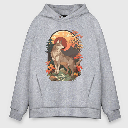 Мужское худи оверсайз Волк в лесу в японском стиле / Меланж – фото 1