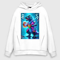Толстовка оверсайз мужская Неоновый кибер пивозавр - нейроарт, цвет: белый