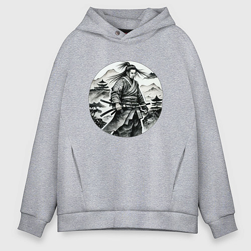 Мужское худи оверсайз Самурай графика / Меланж – фото 1