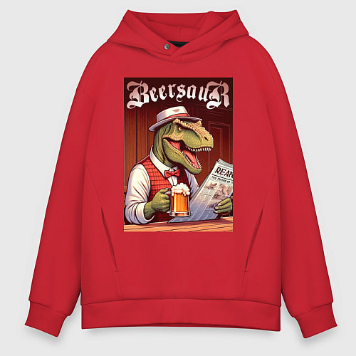 Мужское худи оверсайз Пивозавр с кружкой пива читает газету - ретро / Красный – фото 1