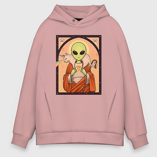 Мужское худи оверсайз Пришелец и кот-единорог / Пыльно-розовый – фото 1