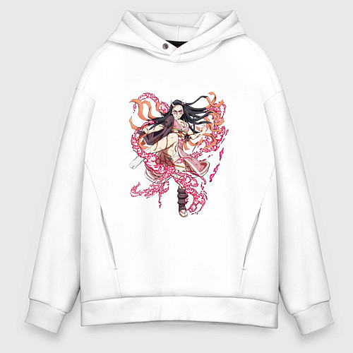 Мужское худи оверсайз Красивая боевая Незуко - Demon slayer / Белый – фото 1