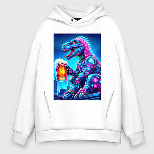 Мужское худи оверсайз Cyber tyrannosaur with a mug of beer - ai art fant / Белый – фото 1