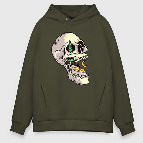 Мужское худи оверсайз Кемпинг в черепе / Хаки – фото 1