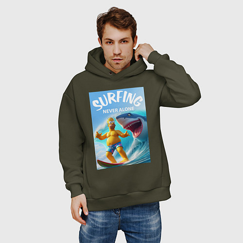 Мужское худи оверсайз Homer Simpson and shark - surfing never alone / Хаки – фото 3