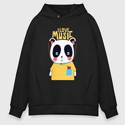 Толстовка оверсайз мужская Панда - я люблю музыку, цвет: черный