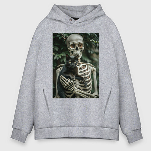 Мужское худи оверсайз Скелет с черным котом / Меланж – фото 1