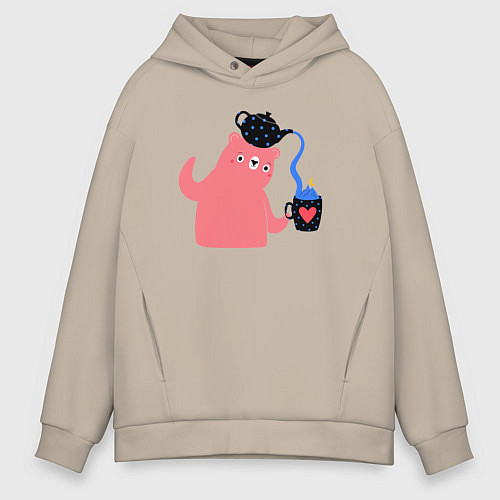 Мужское худи оверсайз Чаепитие у мишки / Миндальный – фото 1