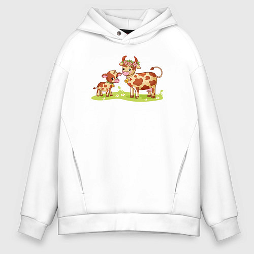 Мужское худи оверсайз Телёнок и корова / Белый – фото 1
