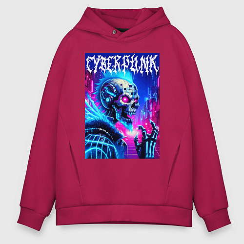 Мужское худи оверсайз Neon punk skeleton - ai art fantasy / Маджента – фото 1