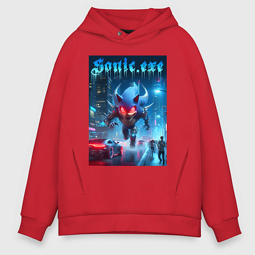 Мужское худи оверсайз Ёжик монстр в ночном мегаполисе - неоновое свечени / Красный – фото 1