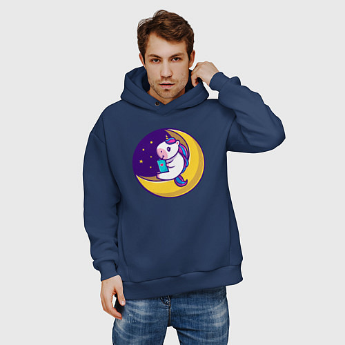 Мужское худи оверсайз Единорог читает на луне / Тёмно-синий – фото 3