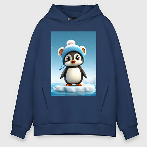 Мужское худи оверсайз Пингвиненок в шапке на льдине / Тёмно-синий – фото 1