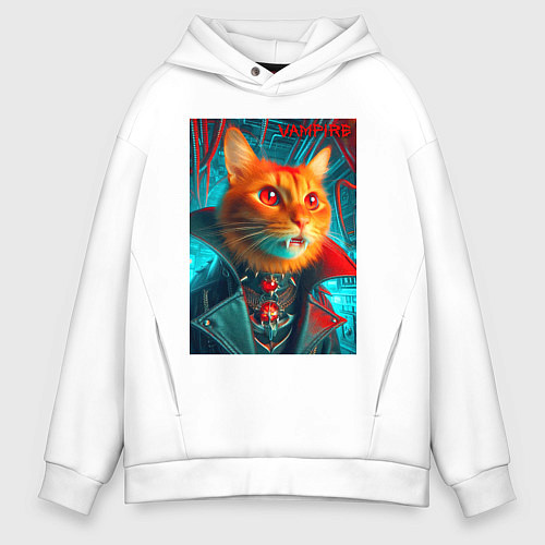 Мужское худи оверсайз Рыжий кот вампир - нейроарт / Белый – фото 1