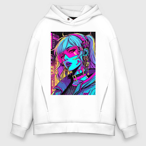 Мужское худи оверсайз Кибер девчонка в розовых очках - нейроарт / Белый – фото 1