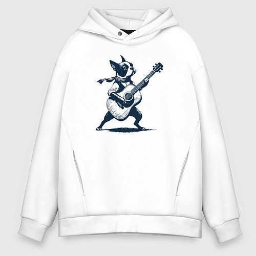 Мужское худи оверсайз Бостон-терьер играет на гитаре / Белый – фото 1