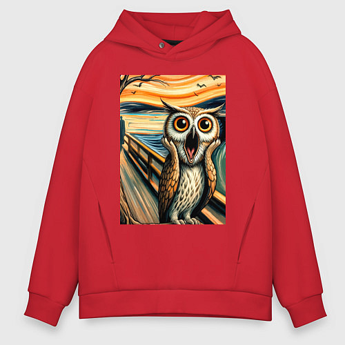 Мужское худи оверсайз Сова кричит на картине Эдварда Мунка - нейроарт / Красный – фото 1