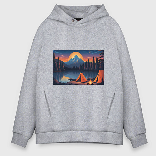 Мужское худи оверсайз Палатка на берегу озера / Меланж – фото 1