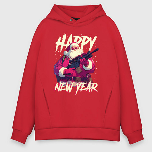 Мужское худи оверсайз Happy New Year Santa Claus with weapon / Красный – фото 1