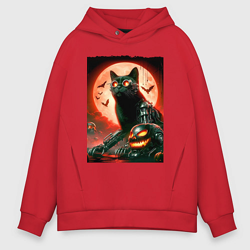 Мужское худи оверсайз Стимпанк кот в очках - нейроарт / Красный – фото 1