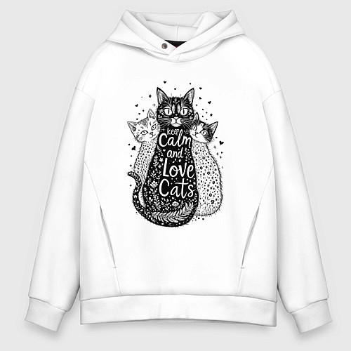 Мужское худи оверсайз Keep calm and love cats / Белый – фото 1
