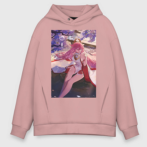 Мужское худи оверсайз Геншин Яэ Мико Гудзи / Пыльно-розовый – фото 1