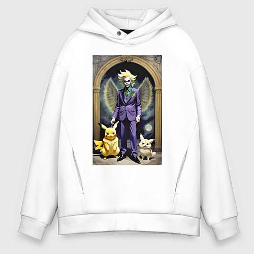 Мужское худи оверсайз Крылатый клоун с Пикачу и котом - нейроарт / Белый – фото 1