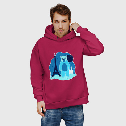 Мужское худи оверсайз Медведь в Париже / Маджента – фото 3