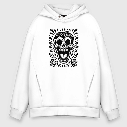 Мужское худи оверсайз Татуировка смеющегося черепа / Белый – фото 1
