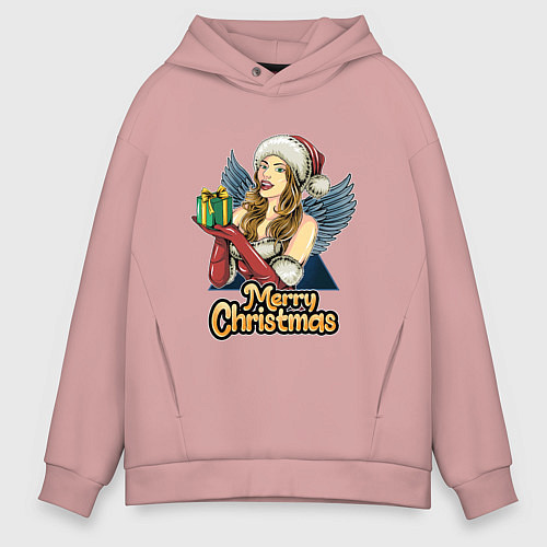 Мужское худи оверсайз Снегурочка с подарком / Пыльно-розовый – фото 1