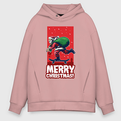 Мужское худи оверсайз Санта на скейте / Пыльно-розовый – фото 1