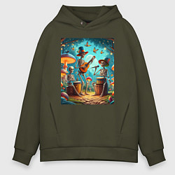 Толстовка оверсайз мужская Трио скелетов музицируют на грибной поляне, цвет: хаки