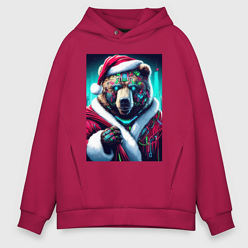 Мужское худи оверсайз Cyber bear - Santa Claus / Маджента – фото 1