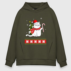 Толстовка оверсайз мужская New year cat with candy, цвет: хаки