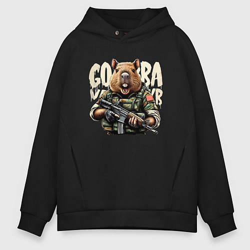 Мужское худи оверсайз Cool capybara - military style / Черный – фото 1