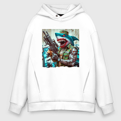 Мужское худи оверсайз Dude shark - special forces / Белый – фото 1