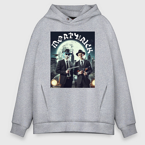 Мужское худи оверсайз Гангстеры Морти и Рик - портрет на фоне луны / Меланж – фото 1