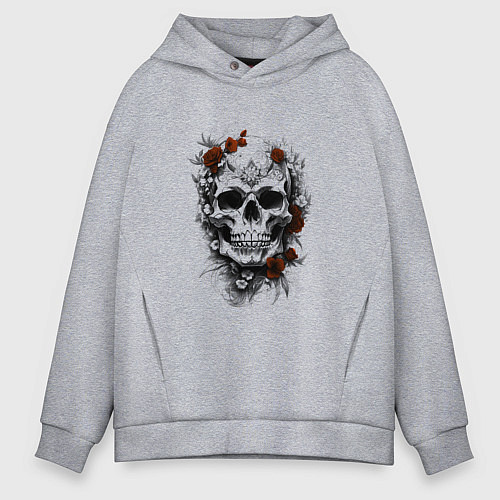 Мужское худи оверсайз Магический череп с розами / Меланж – фото 1
